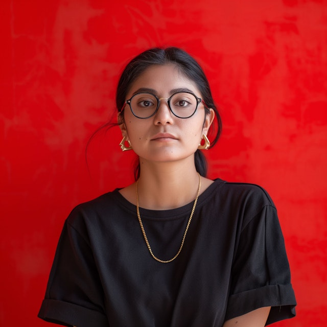 Contemplative Woman with Red Background