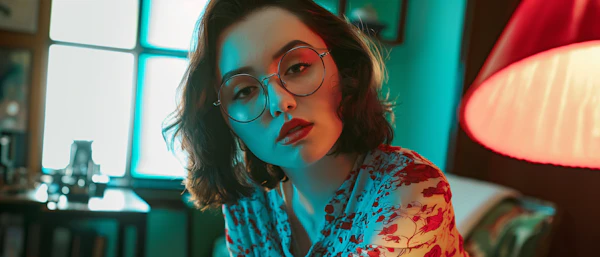 Contemplative Woman with Colorful Lighting