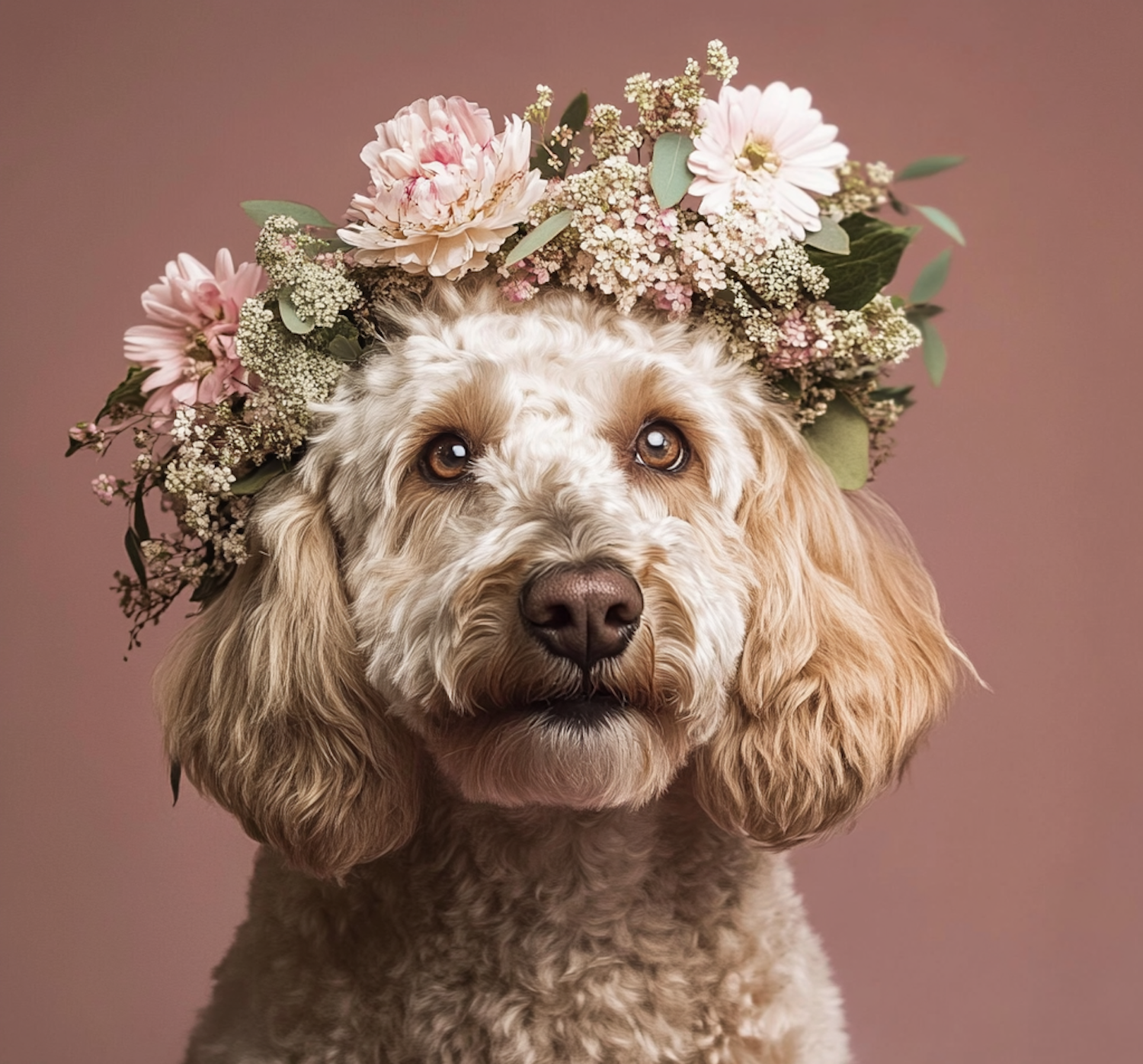 Fluffy Dog with Floral Crown