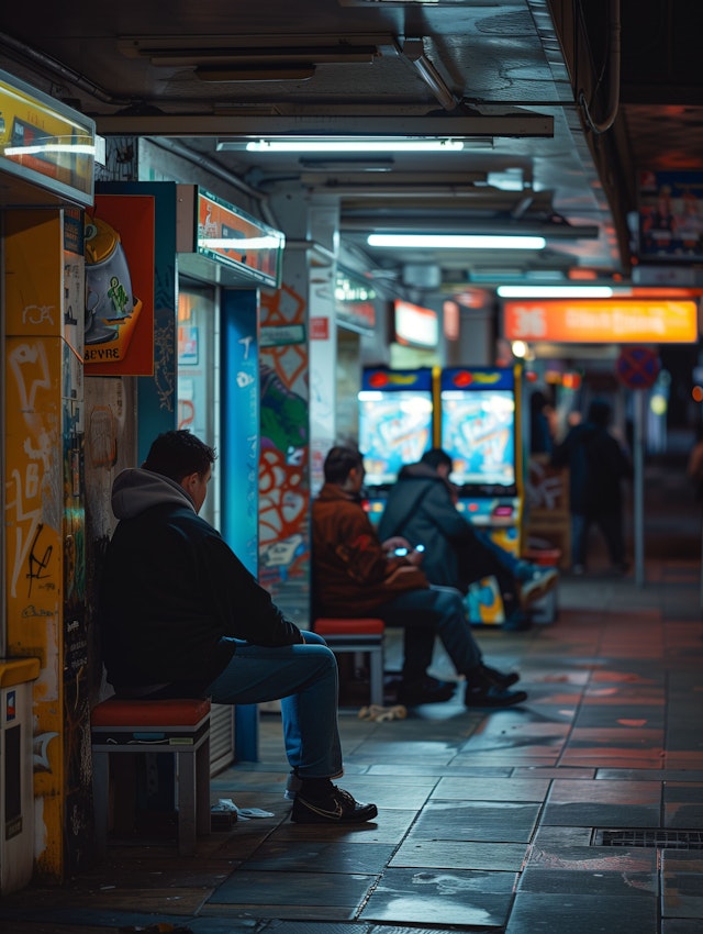 Urban Nightlife at a Transport Station Arcade