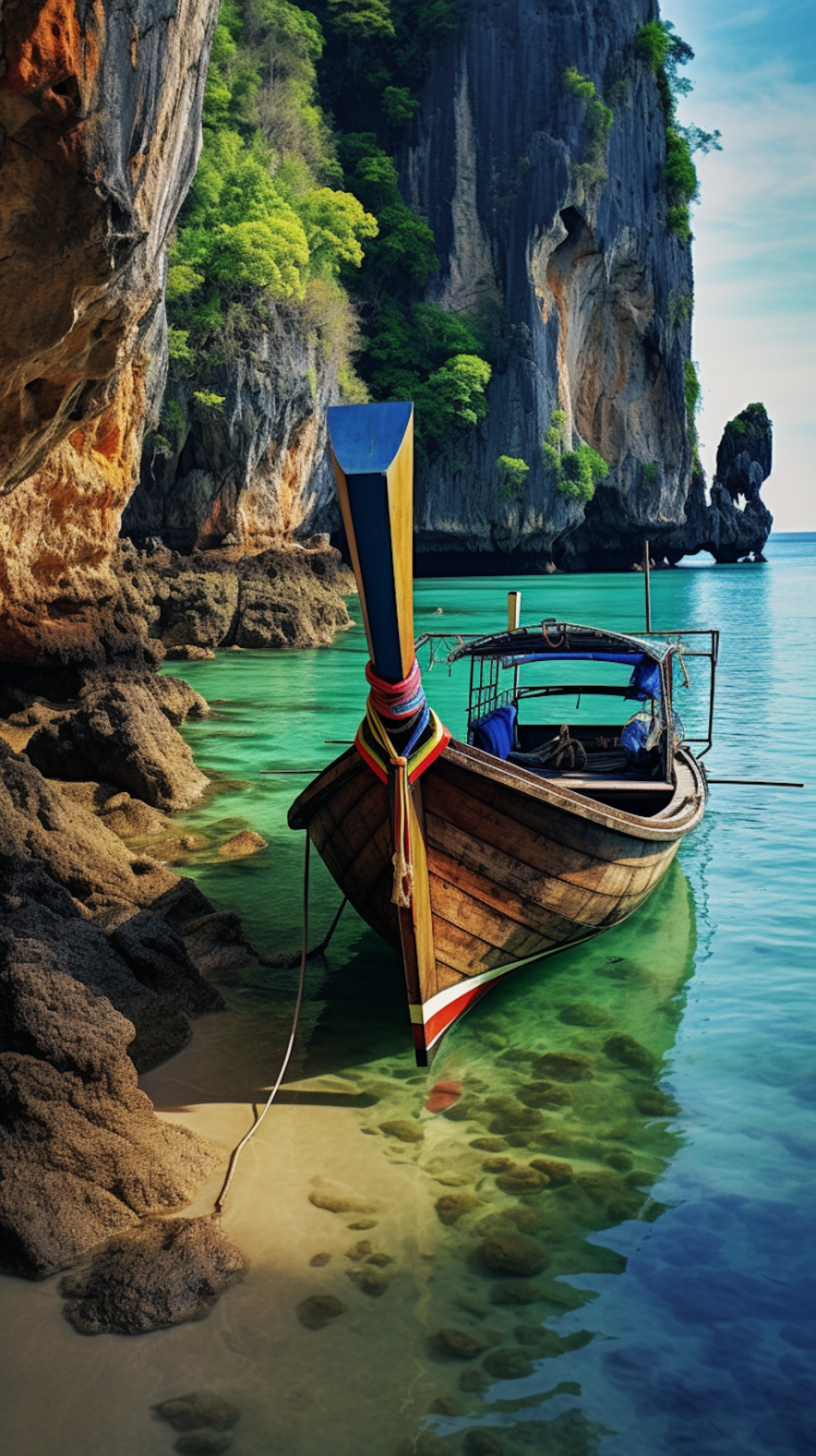 Serene Thai Longtail Boat at Karst Cliff Beach