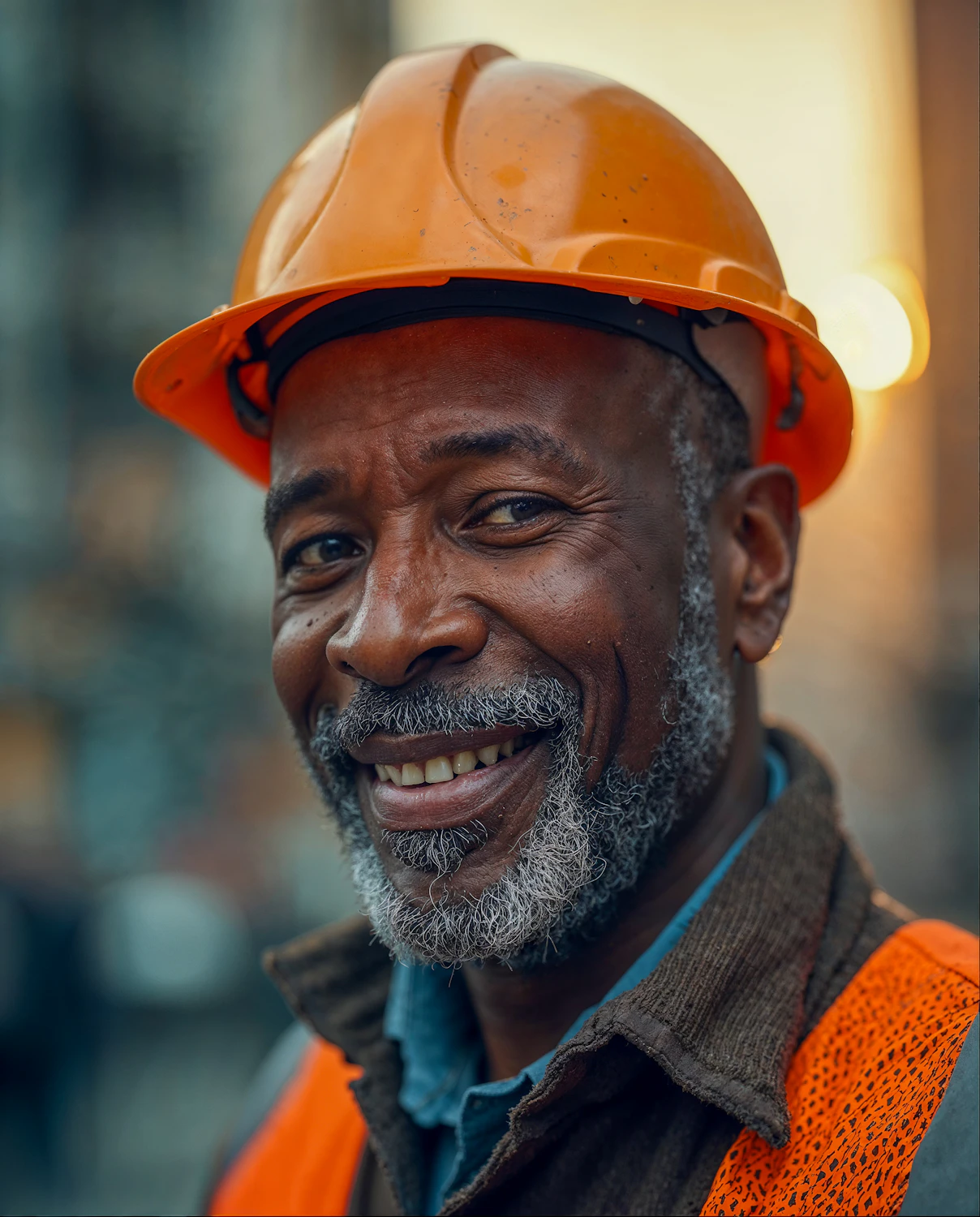 Project manager in an orange hard hat and safety vest outdoors