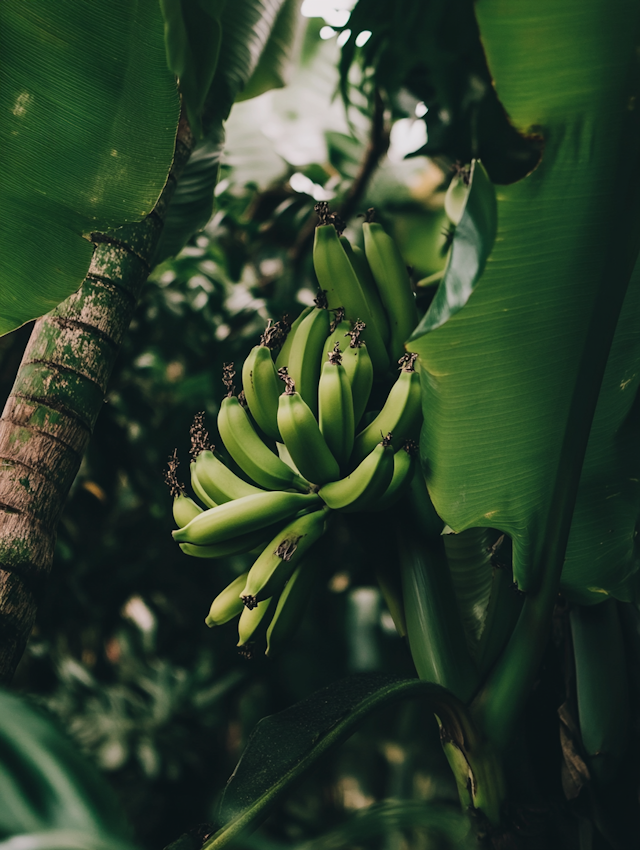 Unripe Green Bananas on a Banana Plant