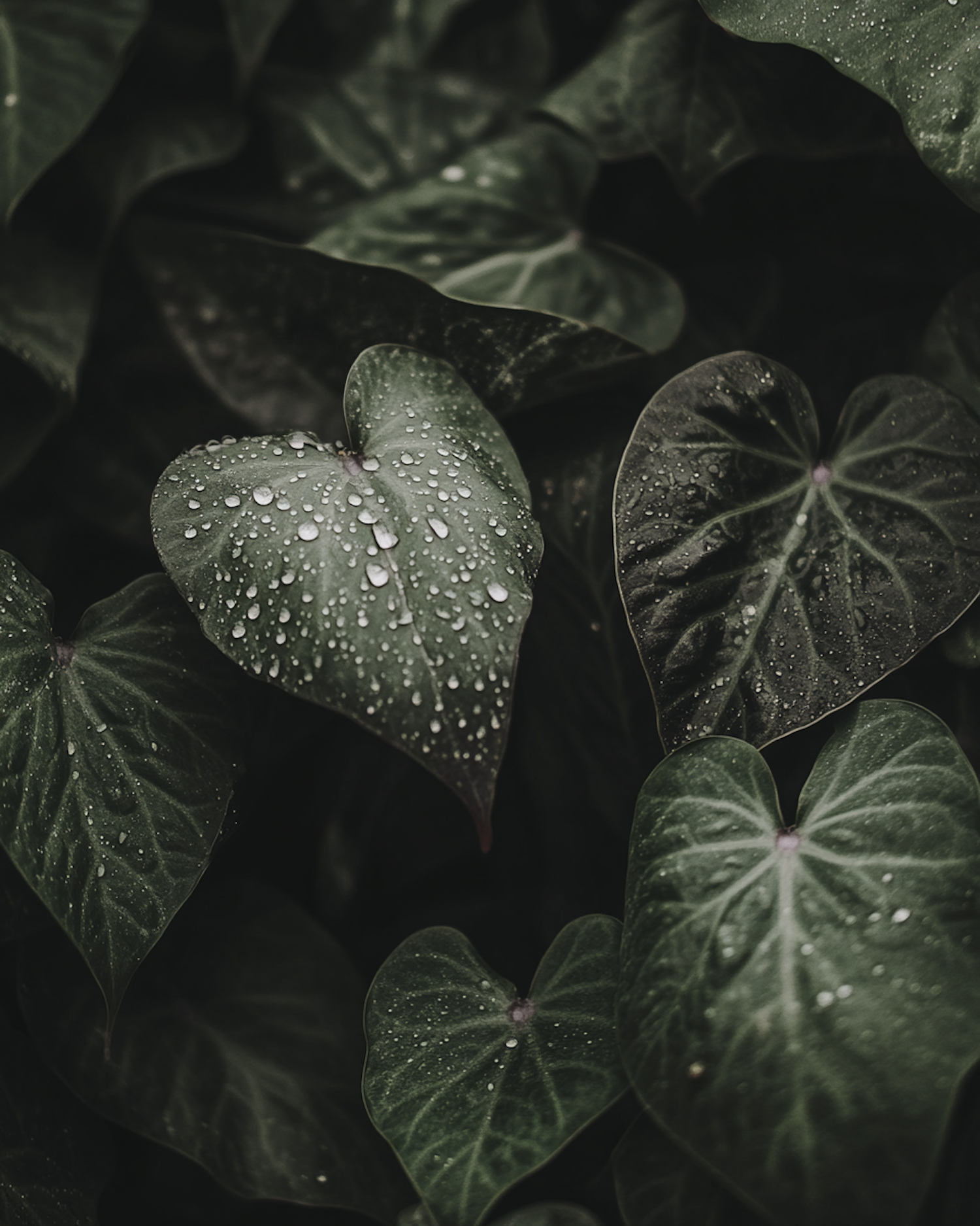 Heart-Shaped Leaves with Water Droplets