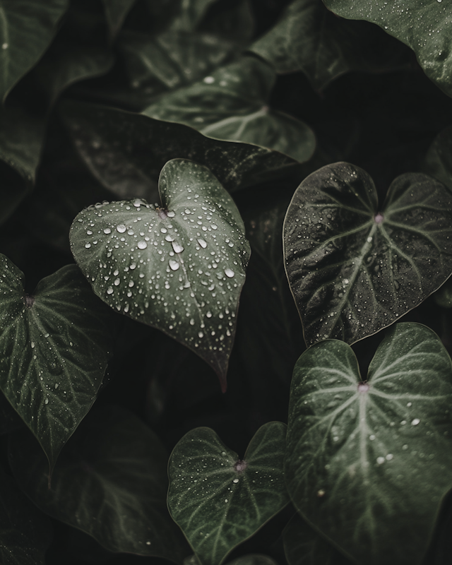 Heart-Shaped Leaves with Water Droplets