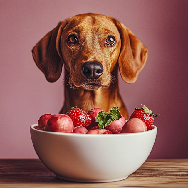 Curious Dog with Fruit Bowl