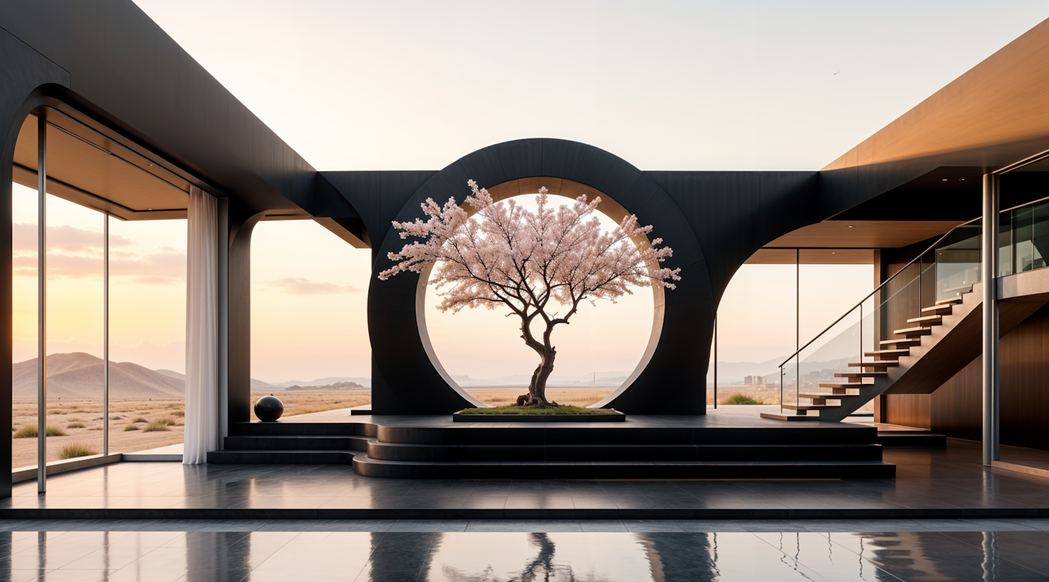 Modern Architecture with Blossoming Tree