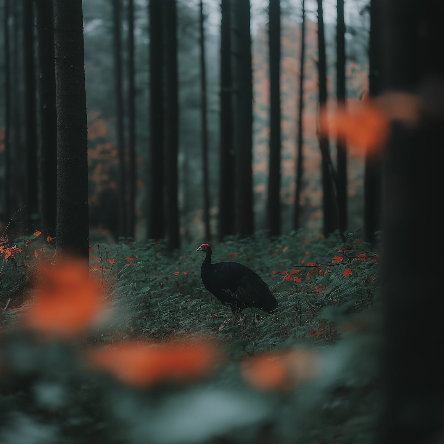 Serene Forest with Red-Headed Bird