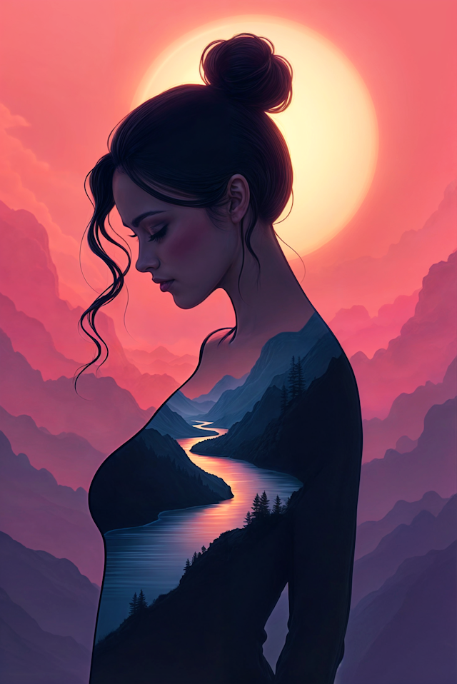 Serene Woman with Surreal Landscape