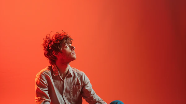 Contemplative Young Man against Vivid Red Background