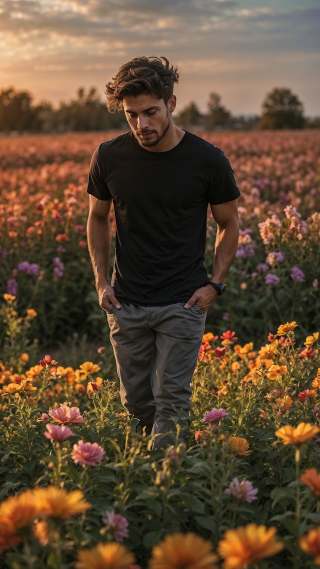 Man Walking Through Flower Field at Sunset