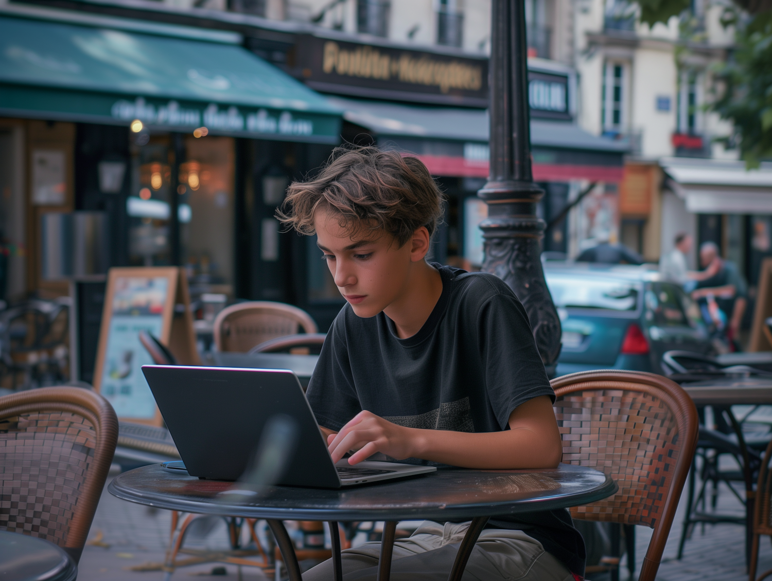 Focused Young Person Working on a Tablet at a Cafe