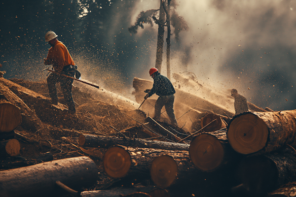 Forestry in Action: Lumberjacks Amidst Sunlit Sawdust