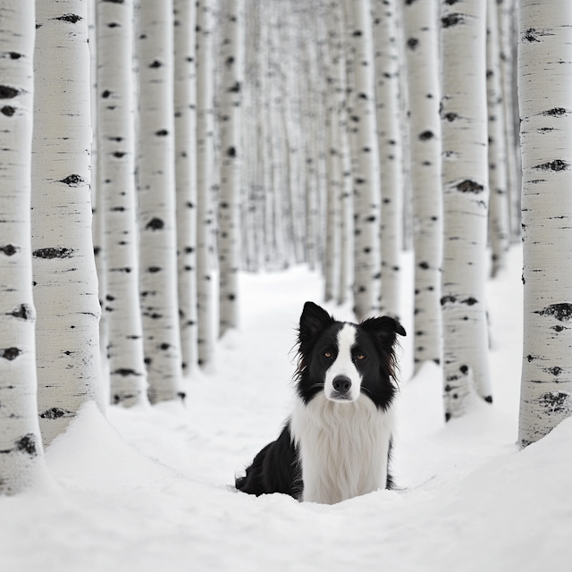 Border Collie in Snowy Birch Forest