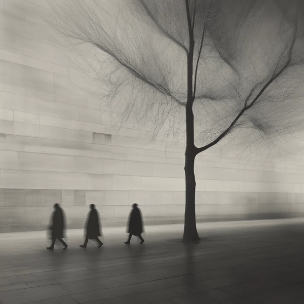Silhouetted Figures and Tree