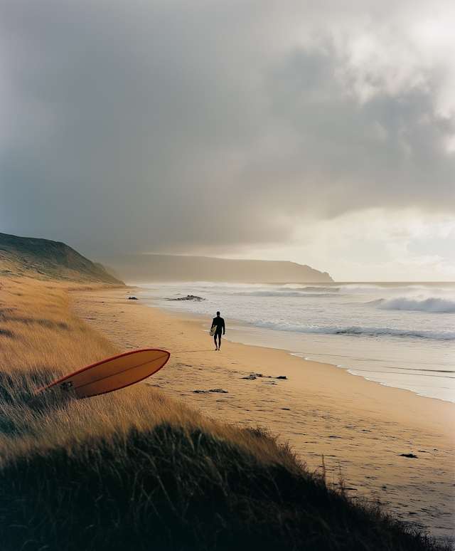 Serene Beach Scene with Surfer