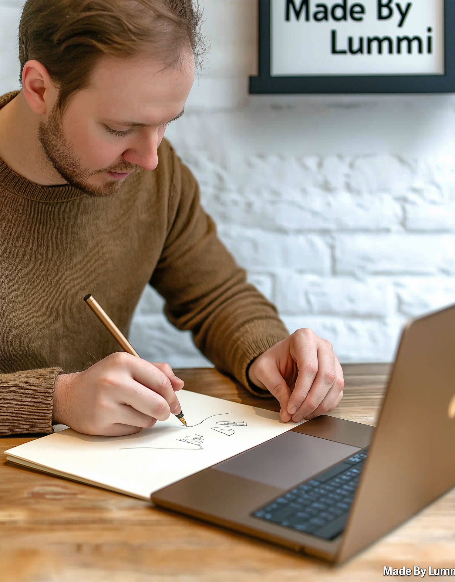 Man Drawing at Wooden Table