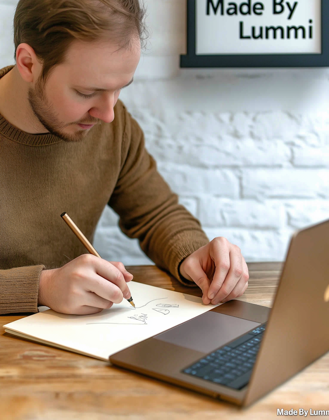 Man Drawing at Wooden Table