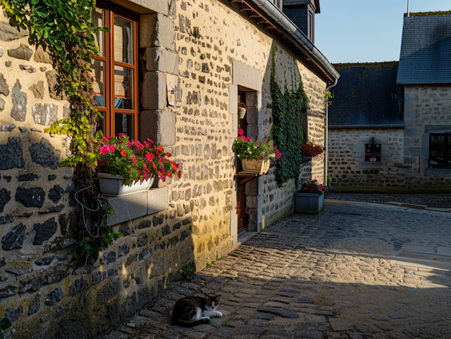 Charming Stone Building with Flowers and Cat