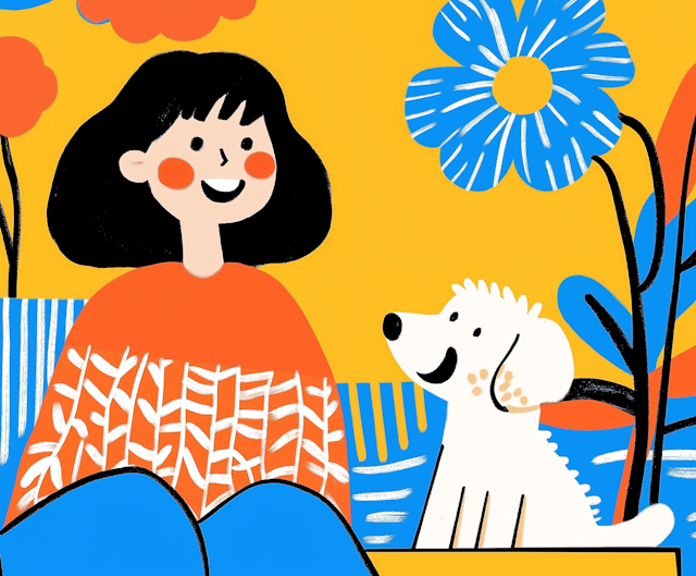 Joyful Woman and White Dog Illustration