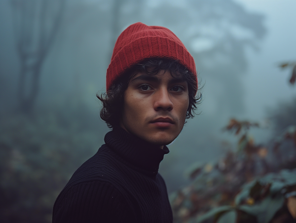 Contemplative Man in Red Beanie