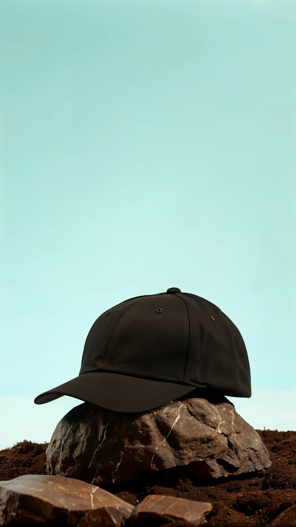 Black Baseball Cap on Rock