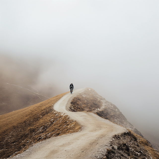 Solitary Hiker in Misty Landscape