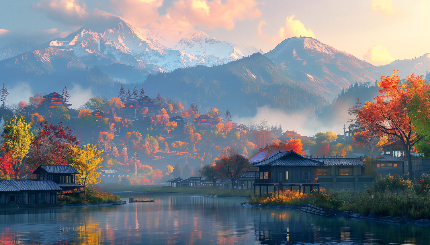 Serene Lakeside Village at Dawn/Dusk