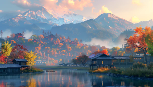 Serene Lakeside Village at Dawn/Dusk
