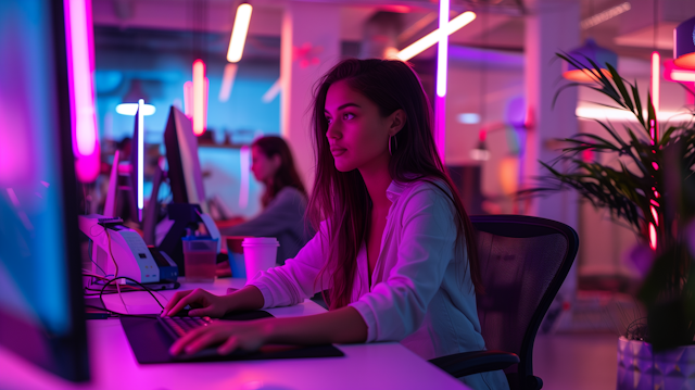 Modern Office Environment with Neon Lighting