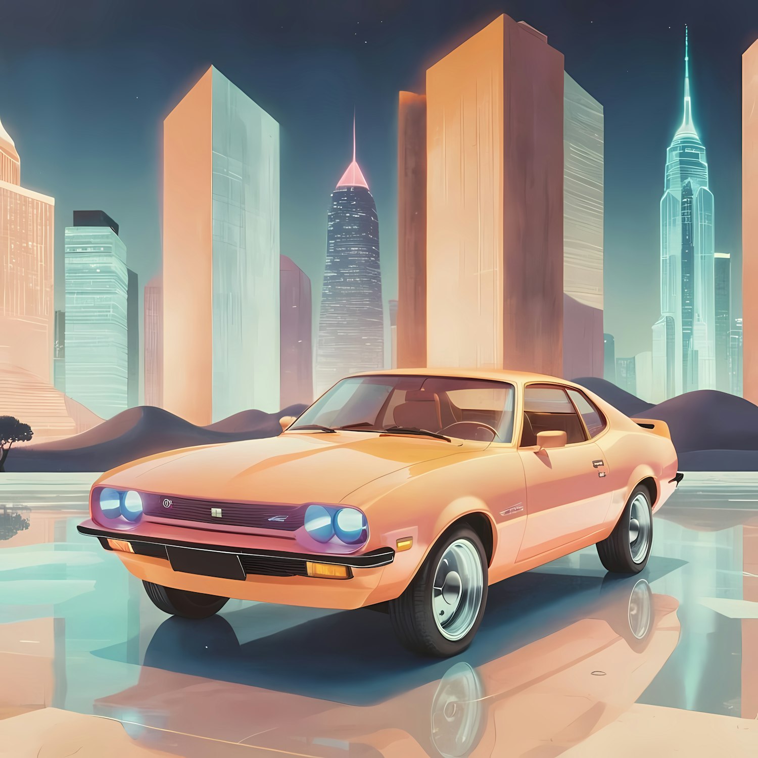 Vintage Car in Futuristic Cityscape