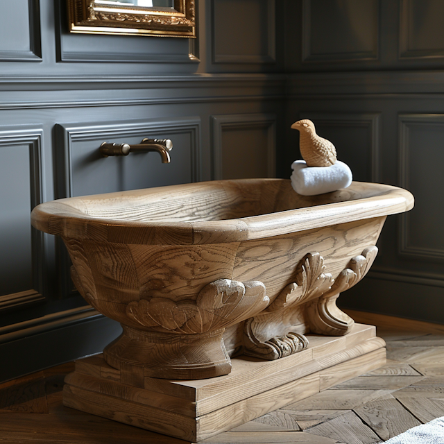 Ornate Wooden Bathtub in Elegant Room