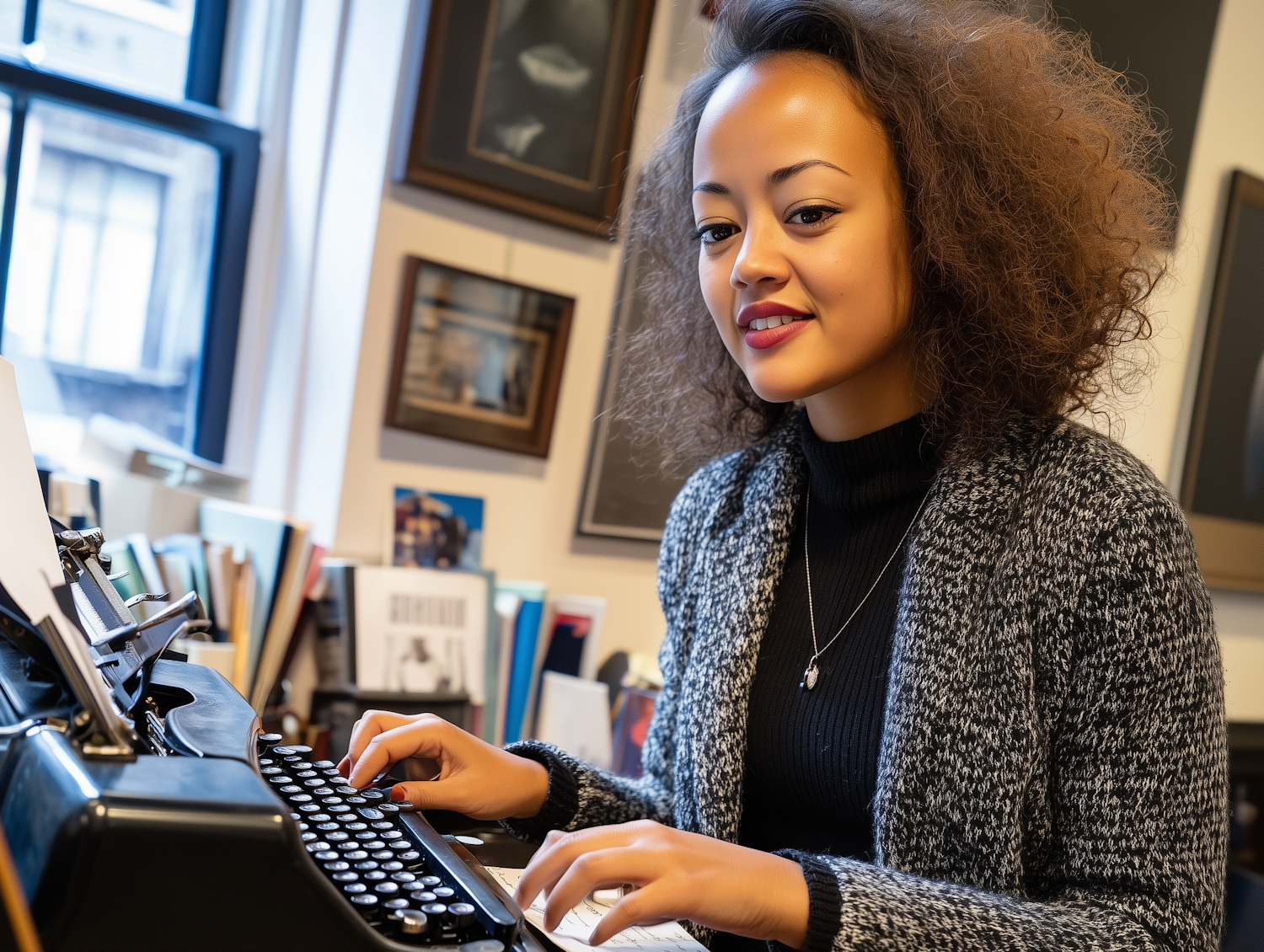 Woman Typing on Vintage Typewriter