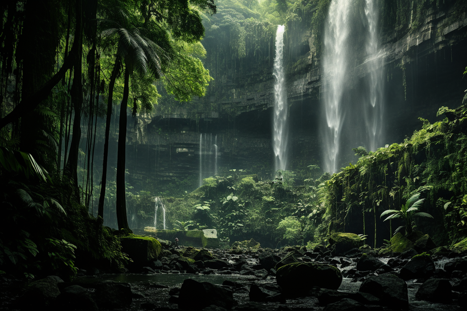 Mystical Waterfalls in the Serene Green Forest