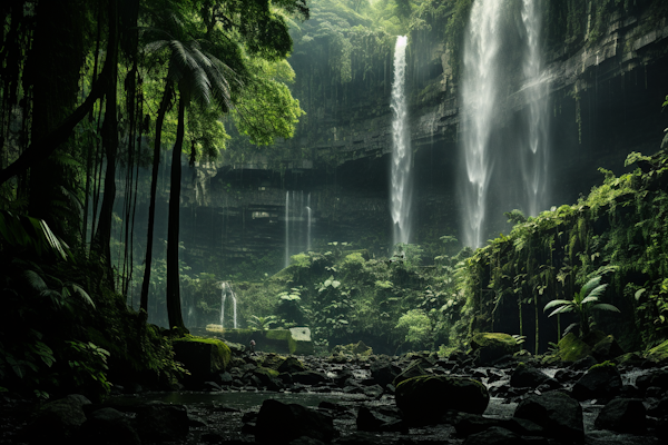 Mystical Waterfalls in the Serene Green Forest