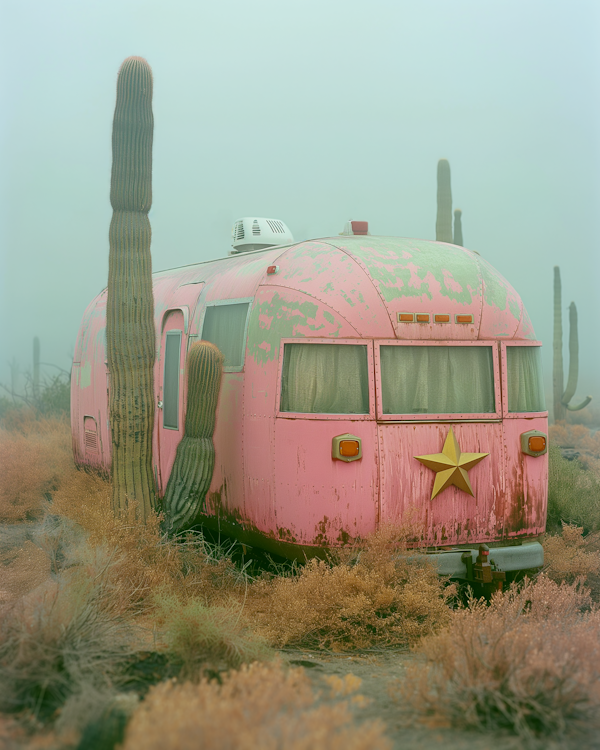 Vintage Pink Trailer in Desert Fog