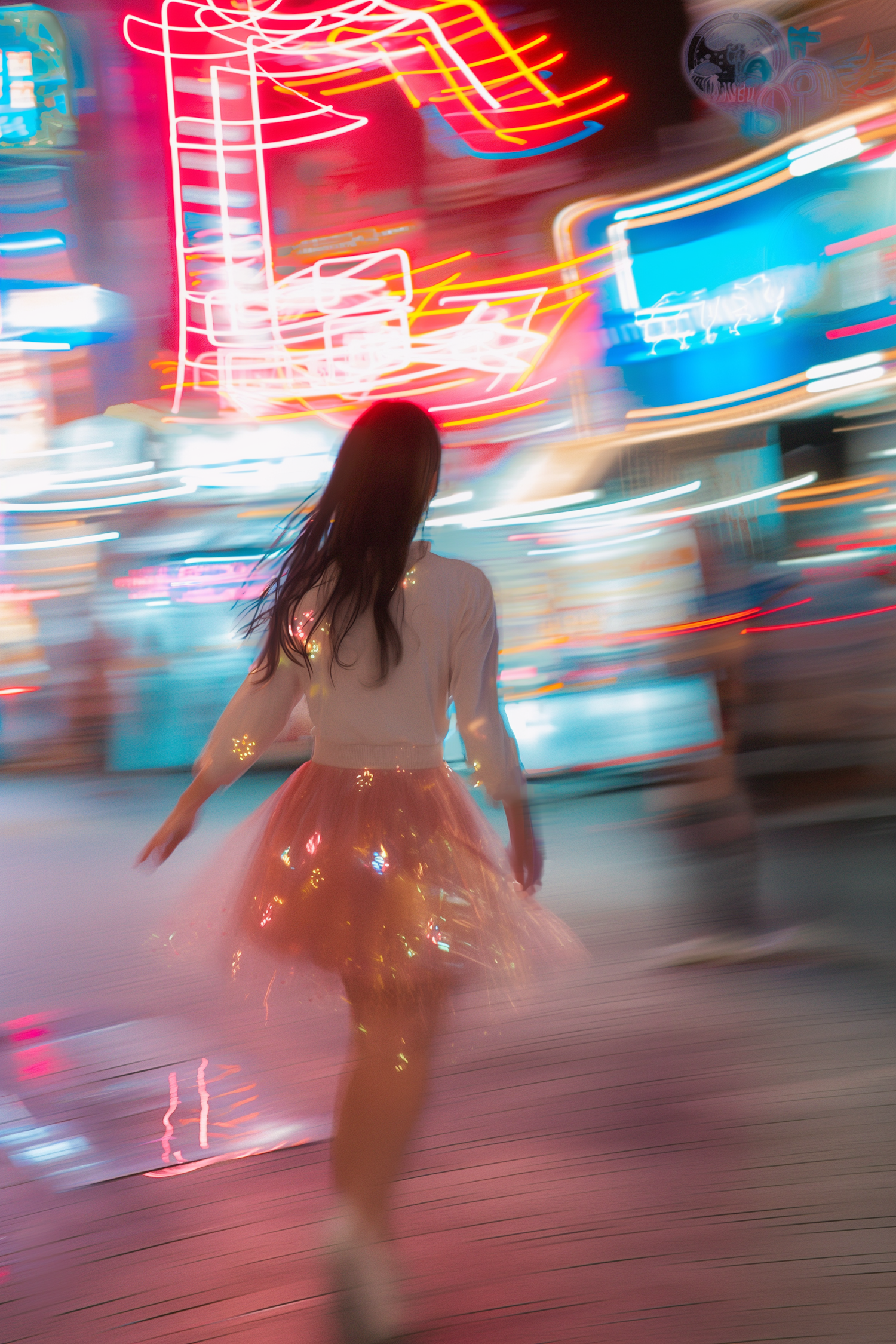 Twirling Woman against Neon-lit Cityscape