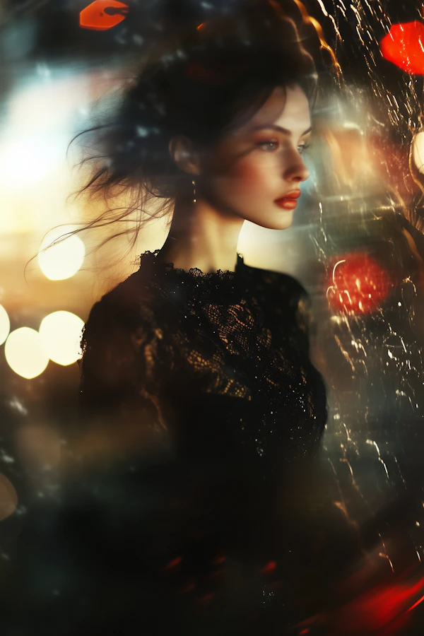 Contemplative Woman in Black Lace Dress