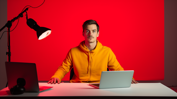 Man in Yellow Hoodie at Workstation with Red Backdrop