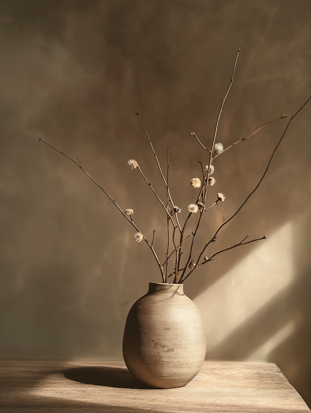 Rustic Ceramic Vase with Dry Blooms Still Life