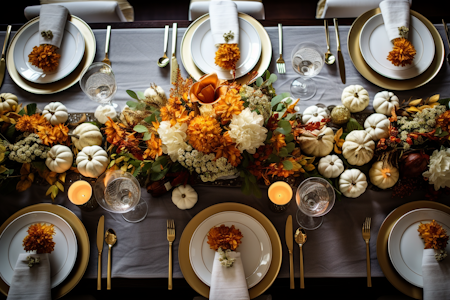 Elegant Thanksgiving
dining table with autumn flowers, white pumpkins, and candles for a festive ambiance