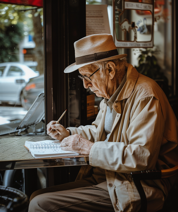 Elderly Man Writing in Cafe