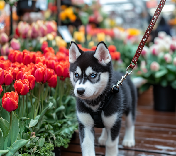 Siberian Husky Puppy Among Colorful Tulips