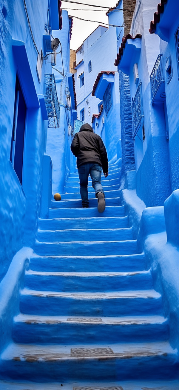 Ascent Through Chefchaouen's Azure Alley