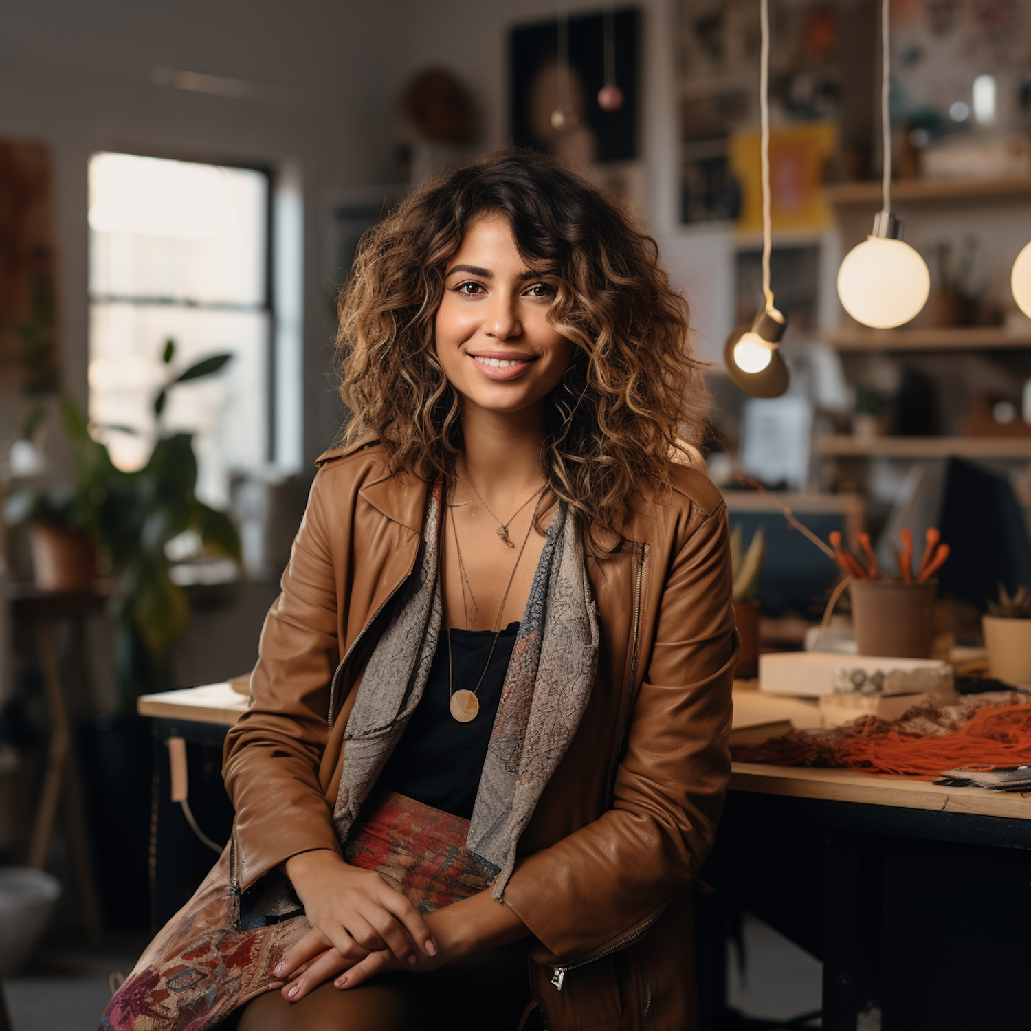 Confident Approachable Woman with Curly Hair and Leather Jacket