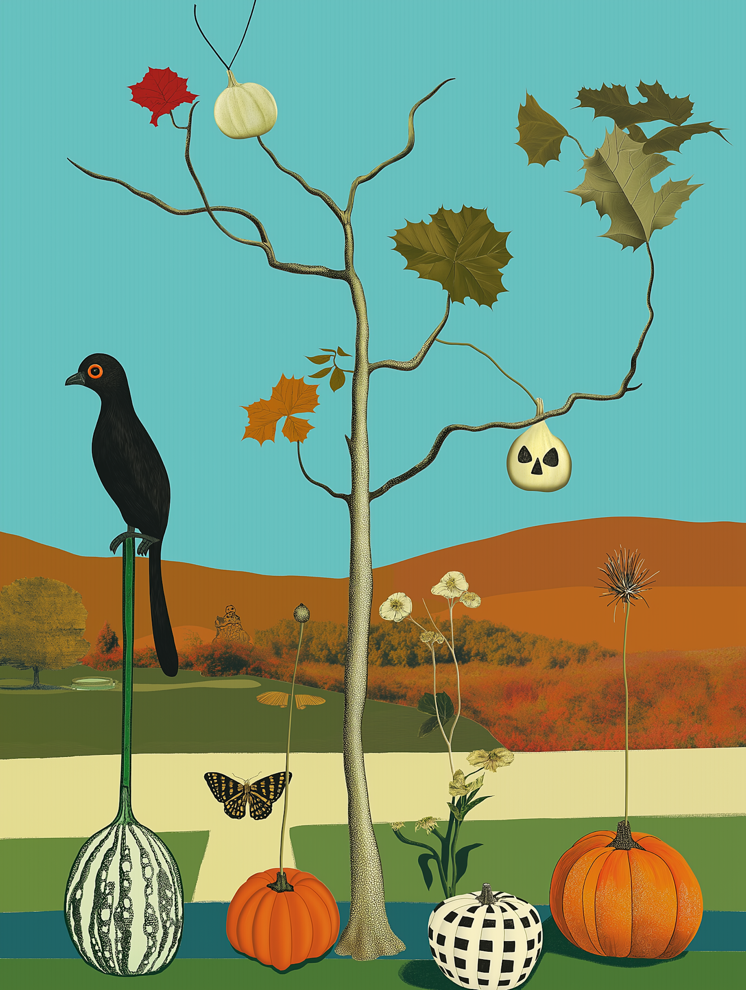 Surreal Tree with Pumpkins and Gourds