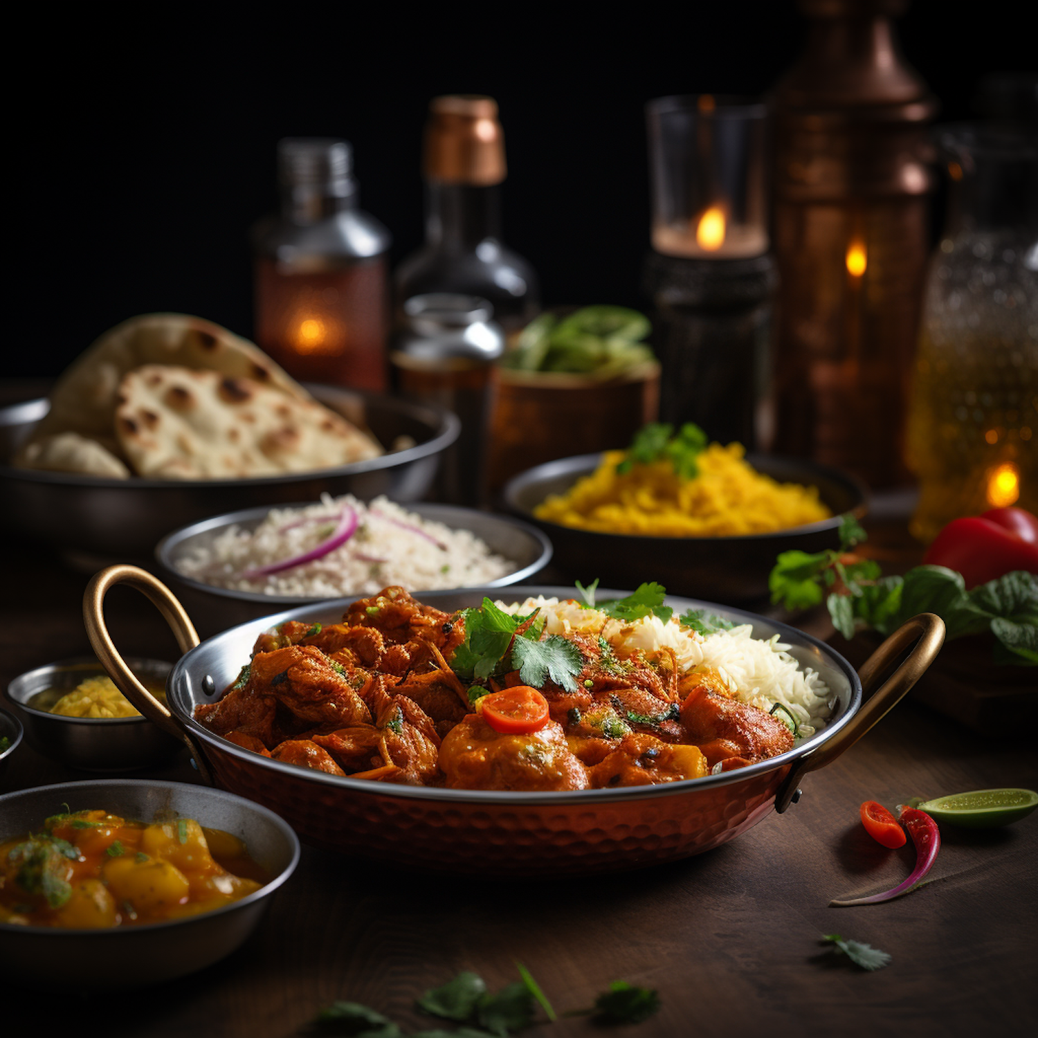 Indian Cuisine Feast with Chicken Curry Centerpiece