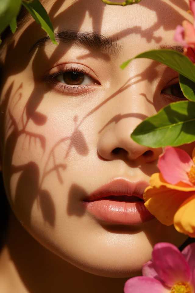 Close-up of Face with Leaf and Flower Shadows