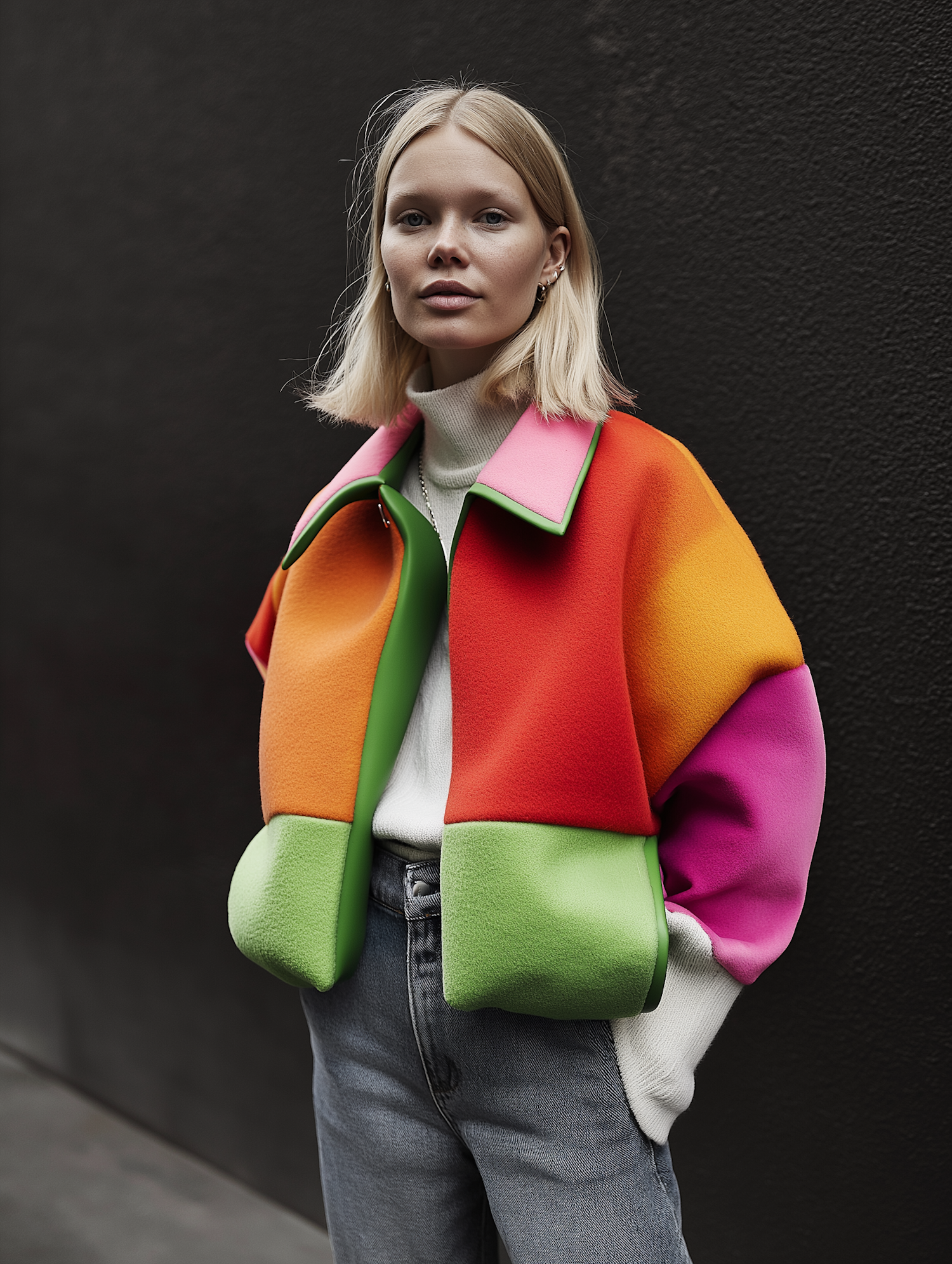 Young Woman in Vibrant Multicolored Jacket