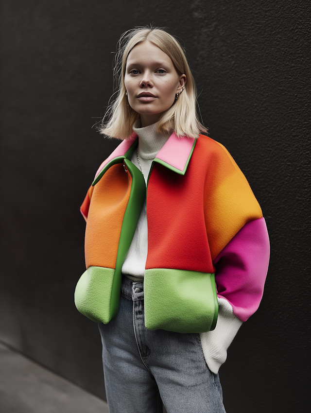 Young Woman in Vibrant Multicolored Jacket